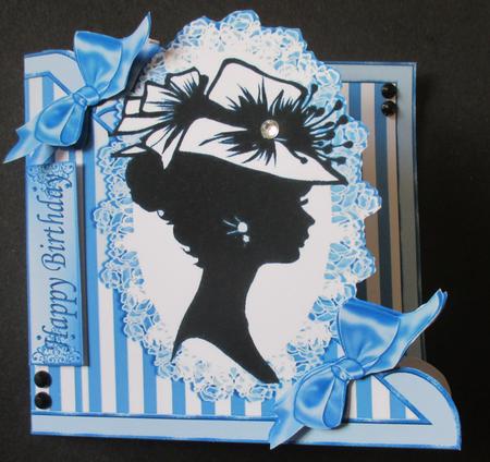 Vintage Silhouette Lady in Hat on Lace on Blue Stripe by Davina Rundle