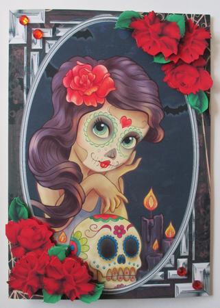 Sugar Skulls Card Front with Roses by Davina Rundle