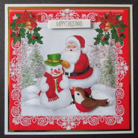 Snowman and Santa in the Snow with Robin 8x8 by Davina Rundle