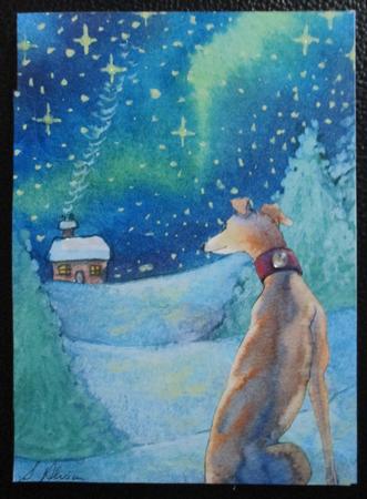 A Greyhound Gazes Out Over the Starlit Snow -  by Davina Rundle
