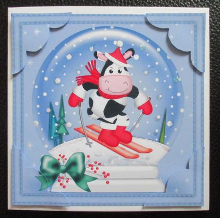 8 x 8 Xmas Skiing Milly Moo Cow Snowglobe Scalloped Corner by Davina Rundle