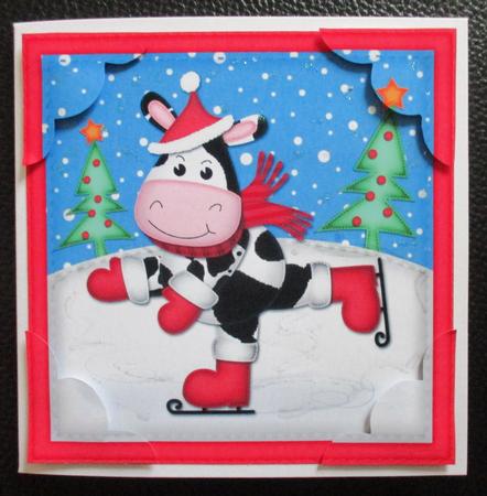 8 x 8 Xmas Skating Milly Moo Cow Scalloped Corner Topper by Davina Rundle