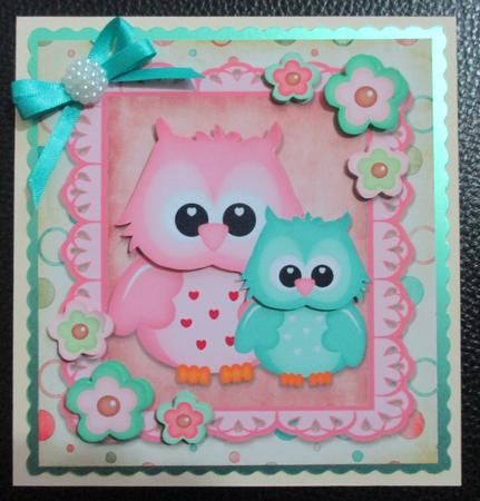 Pink &turquoise Owl's 8x8 by Davina Rundle