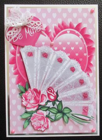 Lace Fan with Pink Roses on a Frilly Heart by Davina Rundle