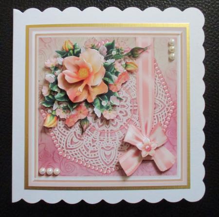 Vintage Peach Roses on a Lace Doily 8in x 8in Decoupage Mini by Davina Rundle
