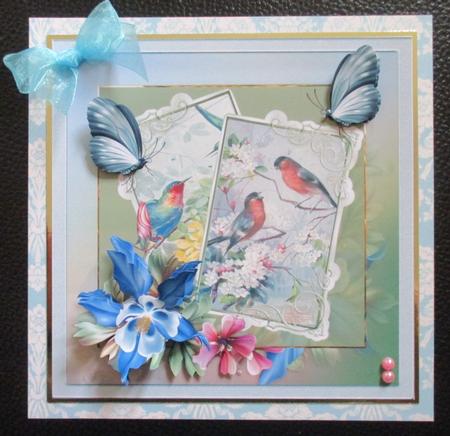Flowers, Birds and Butterly 7x7 Card with Decoupage by Davina Rundle