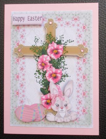 Easter Cross in Pink Floral Frame with Bunny by Davina Rundle