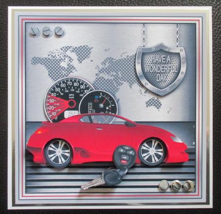 Red Sports Car with Silver Shield Label 8x8 Decoupage Kit by Davina Rundle