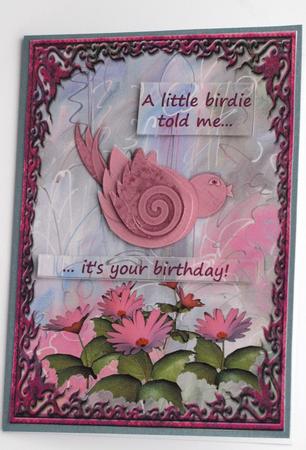 Pink Birthday Bird Decoupage with Flowers by Dawn Jones