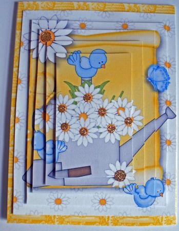 Cute Little Bluebirds with Daisy Watering Can Pyramids by Dawn Jones