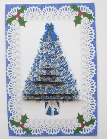 Blue & White Tree Holly Lace Pearls Decoupage Christmas Card by Dawn Jones