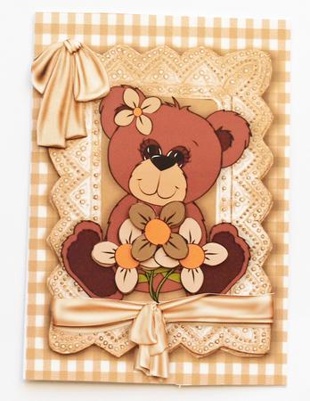 Little Teddy with Flowers in Brown Lace Frame A4 by Dawn Jones