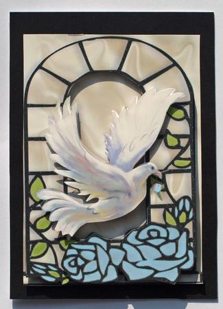 Beautiful White Dove with Pale Blue Roses in Window A4 by Dawn Jones