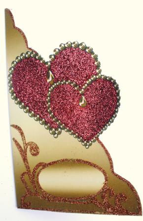 Two Red Jeweled Hearts Wavy Edge Cut & Fold Corner Card by Dawn Jones