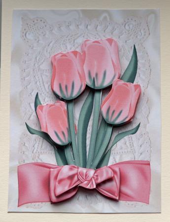 Pink Tulips on Vintage Lace with Bow A4 by Dawn Jones