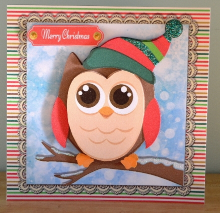 Cute Owl In Green Stripe Hat 7x7 by Debbie Knechtel