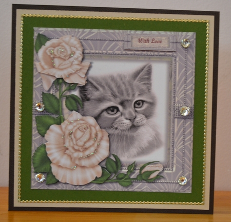 Cute Kitten & Cream Roses Quick Card by Debbie Knechtel