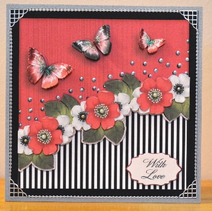 Vintage stripes flowers and butterflies red black white 1094 by Debbie Knechtel