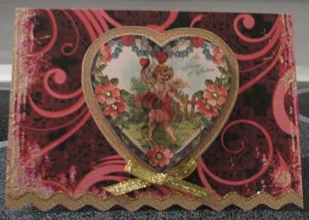 Cherub Picking Strawberry Hearts Wavy Edge Card by Debbie Knechtel