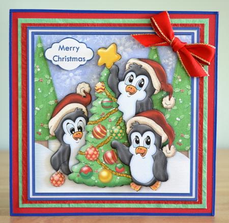 Penguins Decorating Tree Christmas Decoupage by Debbie Knechtel