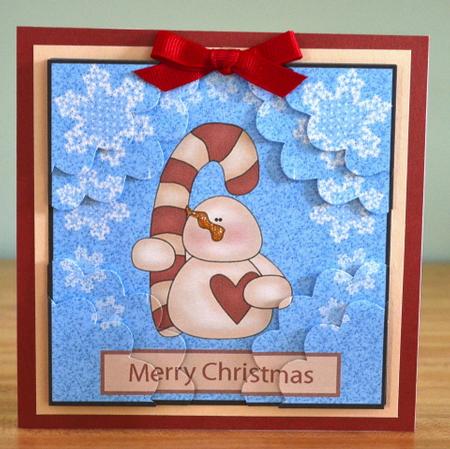 Snowman with Candy Cane Card Front by Debbie Knechtel