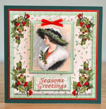 Merry Christmas Vintage Lady with Holly Card Front by Debbie Knechtel