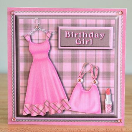Dark Pink Outfit Dress Bag & Lipstick Birthday Card Front by Debbie Knechtel
