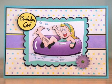 Inner Tube Girl - A5 Decoupage Card - Purple & Aqua by Debbie Knechtel