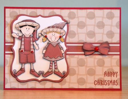 Elves Happy Christmas Decoupage Card - Red & Beige by Debbie Knechtel
