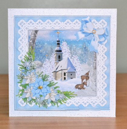 Ice Blue Sonwy Church Scene Side Stacker by Debbie Knechtel