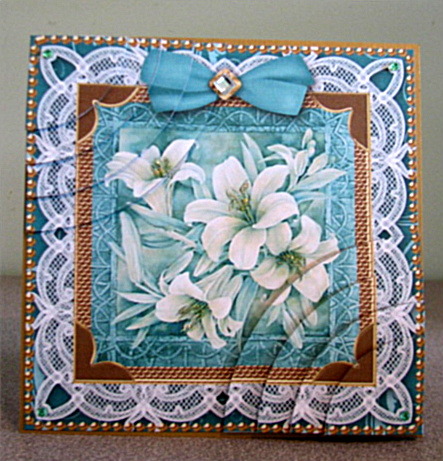 Peacock Blue Lillies Deep Lace 6inch Duo Corner Stacker by Debbie Knechtel