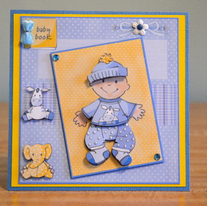 Cute Baby Boy First Birthday Card Front with Topper by Debbie Knechtel