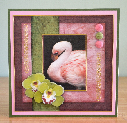 Flamingo with Orchids 8x8 Step by Step Card by Debbie Knechtel