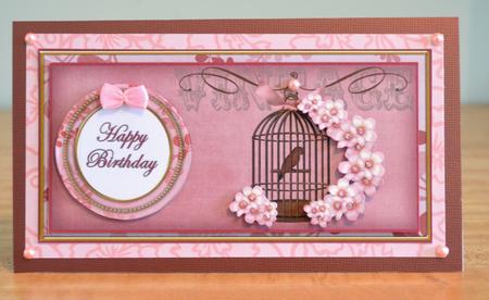 Pink Birdcage Happy Birthday Dl Decoupage Topper by Debbie Knechtel