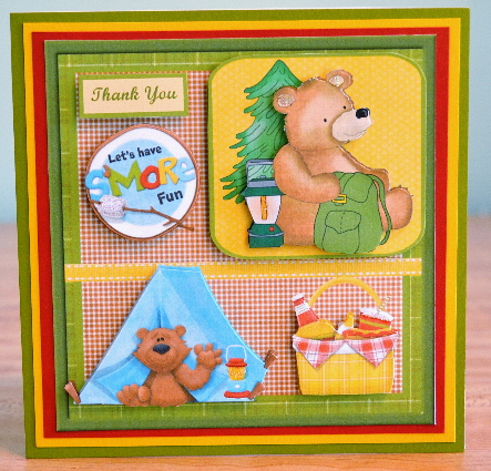 Camping Bears Card Front with Decoupage and Sentiment Tags by Debbie Knechtel
