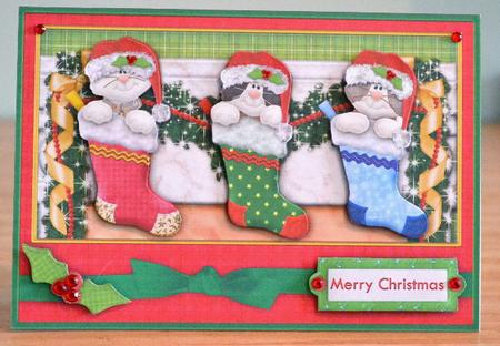 3 Christmas Kitties in Stockings Decoupage by Debbie Knechtel