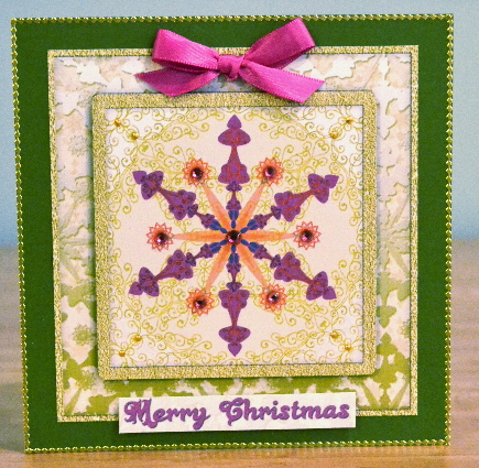 Decorative Purples and Orange Snowflake on Yellow Background by Debbie Knechtel