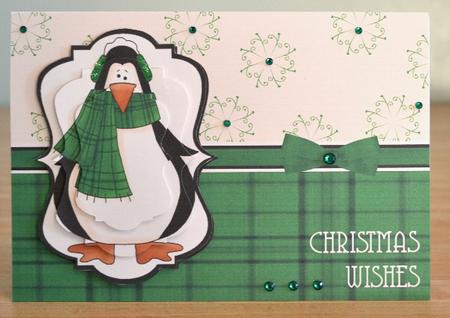 Prim Penguin Pyramage Card Front - Green by Debbie Knechtel