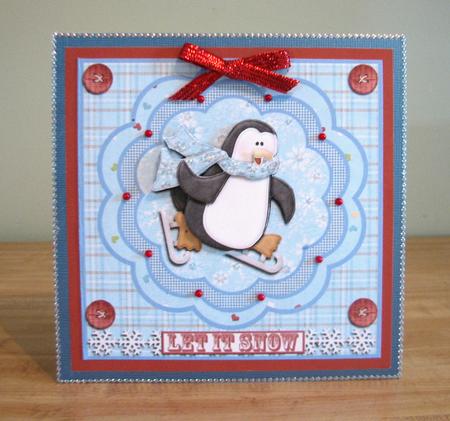 Let It Snow Skater Penguin Quick Card with Decoupage by Debbie Knechtel