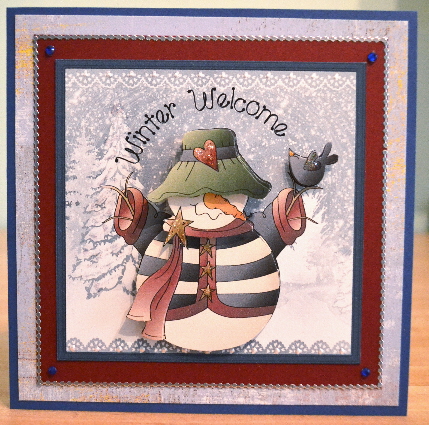 Winter Welcome Snowman 7x7 Card with Decoupage by Debbie Knechtel