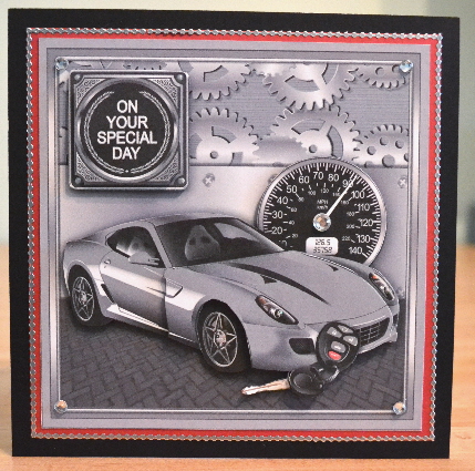 Silver Grey Metallic Car on a Cogs Background 8x8 Decoupage by Debbie Knechtel