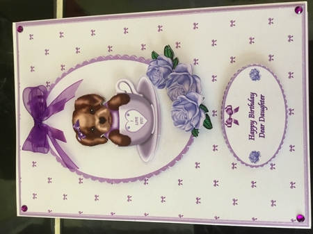 Lilac A5 pup in a cup card front by DEBBIE LEIGHTON