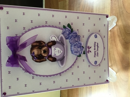 Lilac A5 pup in a cup card front by DEBBIE LEIGHTON