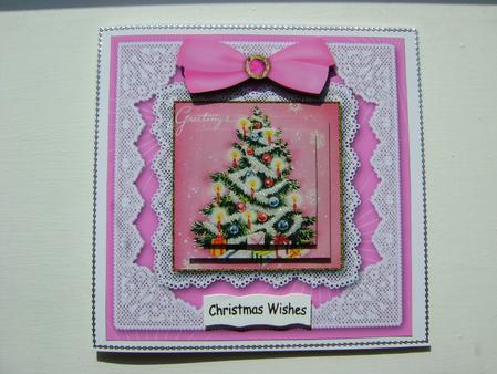 Pink Christmas Tree Square Lace Card by Debbie Singfield