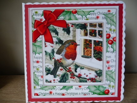 Lovely robin on a branch with snow & window 8x8 by Debbie Whyte