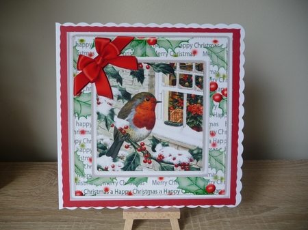 Lovely robin on a branch with snow & window 8x8 by Debbie Whyte