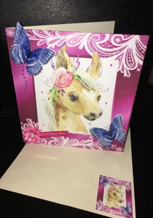 Pretty  water colour Horse in pink frame with swirls and butterflies 8x8 by Debbie Wilde