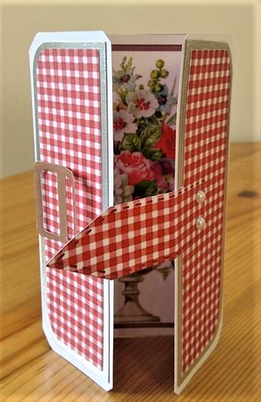 Red Gingham Vase Square Gatefold Buckle Card by Debby Bloor