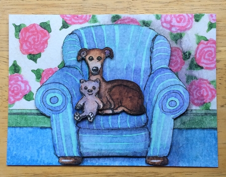 A4 This Greyhound and His Teddy Bear Are Soap Addicts -  by Debby Bloor