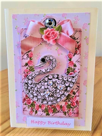 Diamond Swan with Pretty Bow on a Rose Tag by Debby Bloor